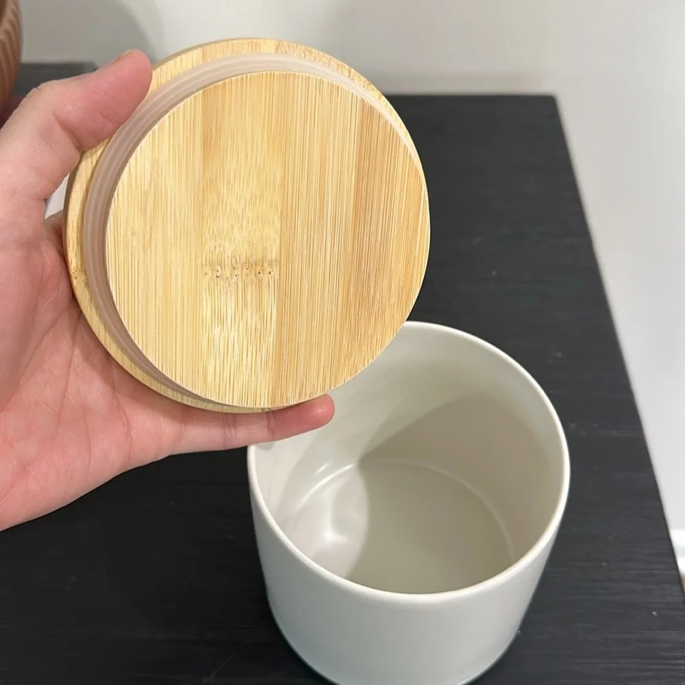 Crate & barrel ceramic canister with bamboo lid